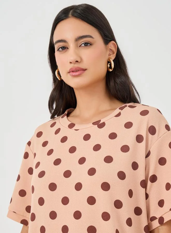 تايك تو Take Two Polka Dot Print Color Block Short Sleeve Maxi Dress