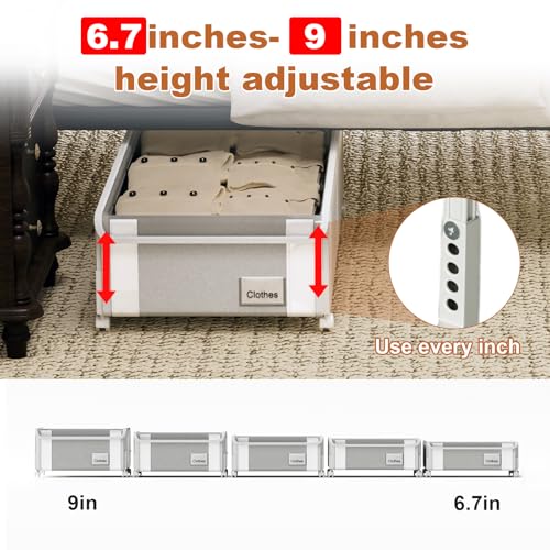 Fokyfok 2Pack Under Bed Storage with Wheels,6.7"-9" Adjustable Height Underbed Storage,Under Bed Storage Containers,Rolling Under Bed Clothes Storage,Metal Under Bed Drawers for Shoes,Blankets,Toys - Image 2