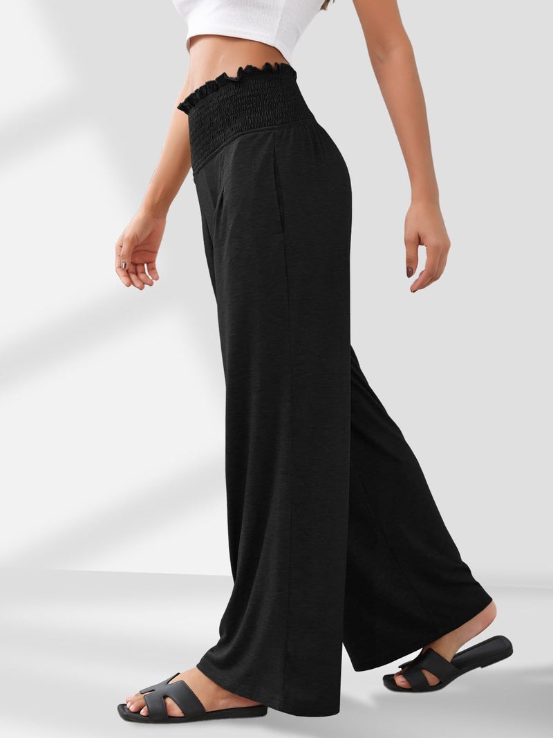 GEMLON Womens Wide Leg Pants High Waisted Palazzo Pants Summer Flowy Lounge Trousers Casual Pants with Pockets Black S - Image 3