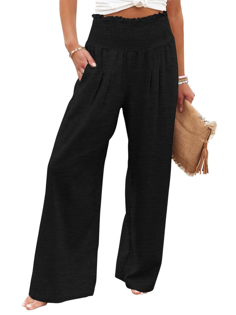 GEMLON Womens Wide Leg Pants High Waisted Palazzo Pants Summer Flowy Lounge Trousers Casual Pants with Pockets Black S - Image 1