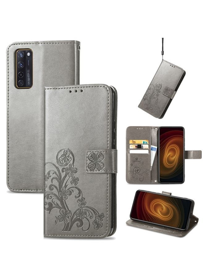 HuHa Case Cover For ZTE AXON 20 5G Four-leaf Clasp Embossed Buckle Mobile Phone Protection Leather Case with Lanyard & Card Slot & Wallet & Bracket Function(Gray) 