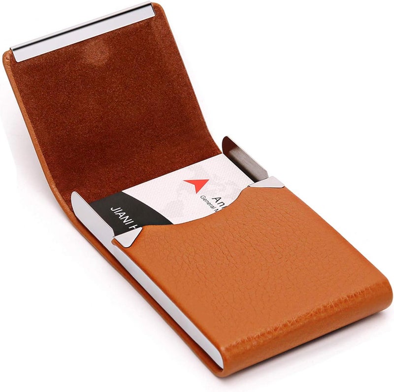 DMFLY Business Card Holder, Metal Business Card Case Pocket, Card Holder for Women & Men, Professional PU Leather Business Card Holders RFID Blocking Name Card Holder Case with Magnetic Closure, Apricot - Image 4