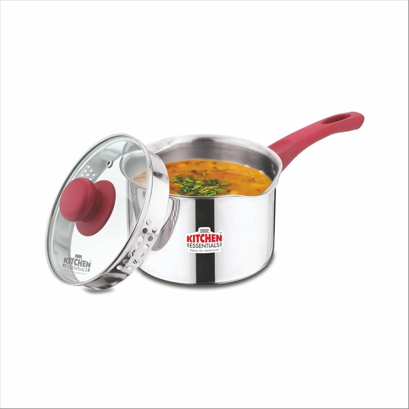 Kitchen Essentials Stainless Steel 16 cm Deep Sauce Pan Both Side Spout with Strainer Glass Lid - Image 2