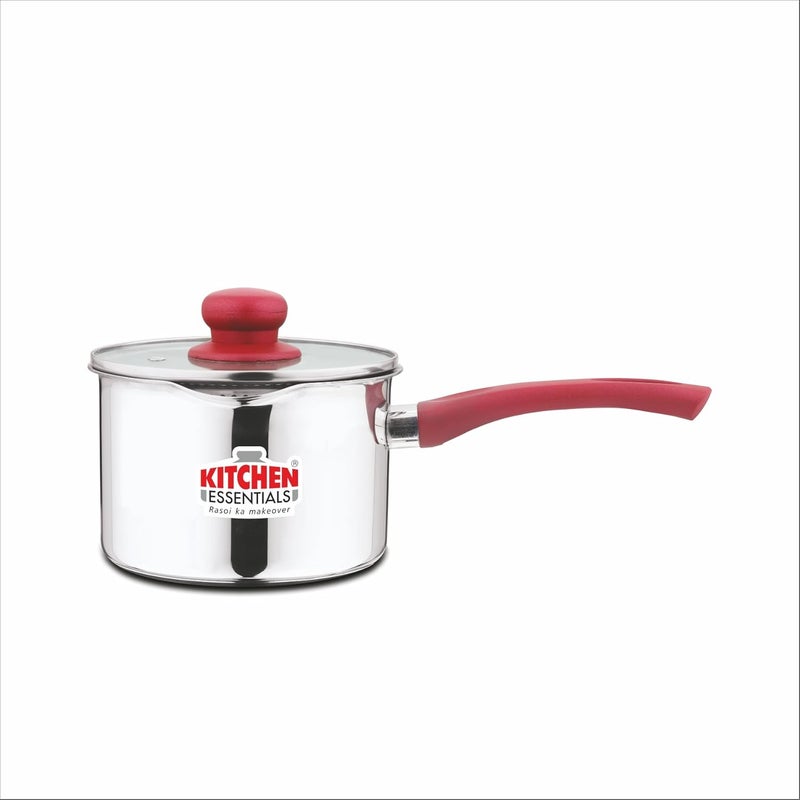 Kitchen Essentials Stainless Steel 16 cm Deep Sauce Pan Both Side Spout with Strainer Glass Lid - Image 1