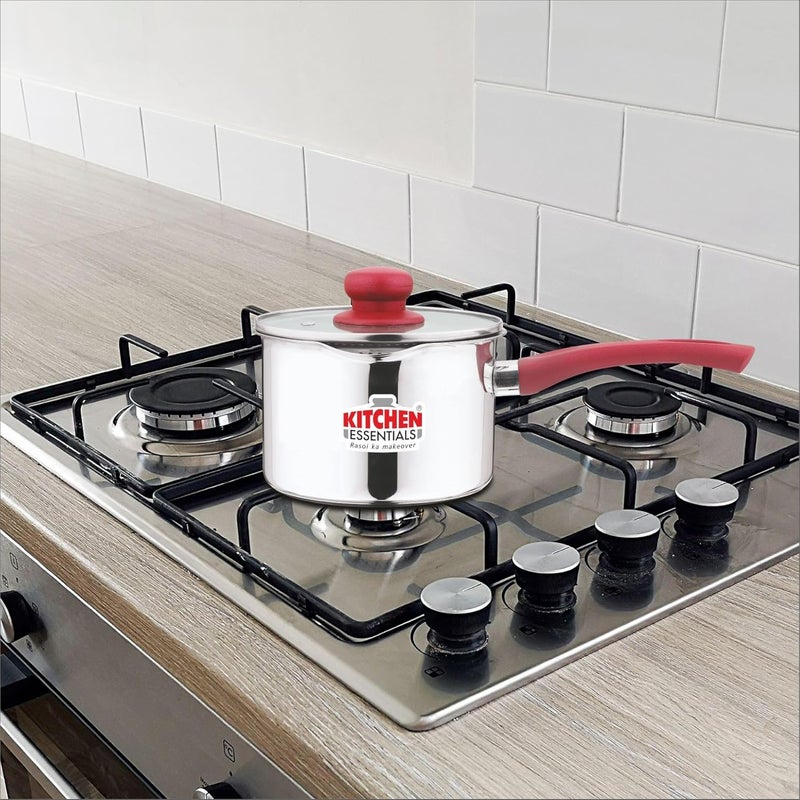 Kitchen Essentials Stainless Steel 16 cm Deep Sauce Pan Both Side Spout with Strainer Glass Lid - Image 4