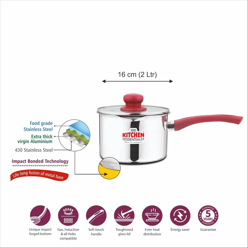 Kitchen Essentials Stainless Steel 16 cm Deep Sauce Pan Both Side Spout with Strainer Glass Lid - Image 3