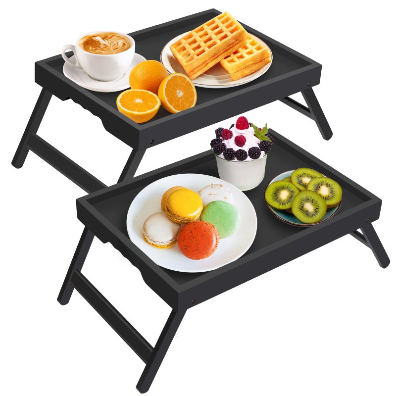 Artmeer Bed Tray Table with Folding LegsBamboo Breakfast in Bed for TV Table Laptop Computer TrayEatingSnack Tray Black 2 Pack Black
