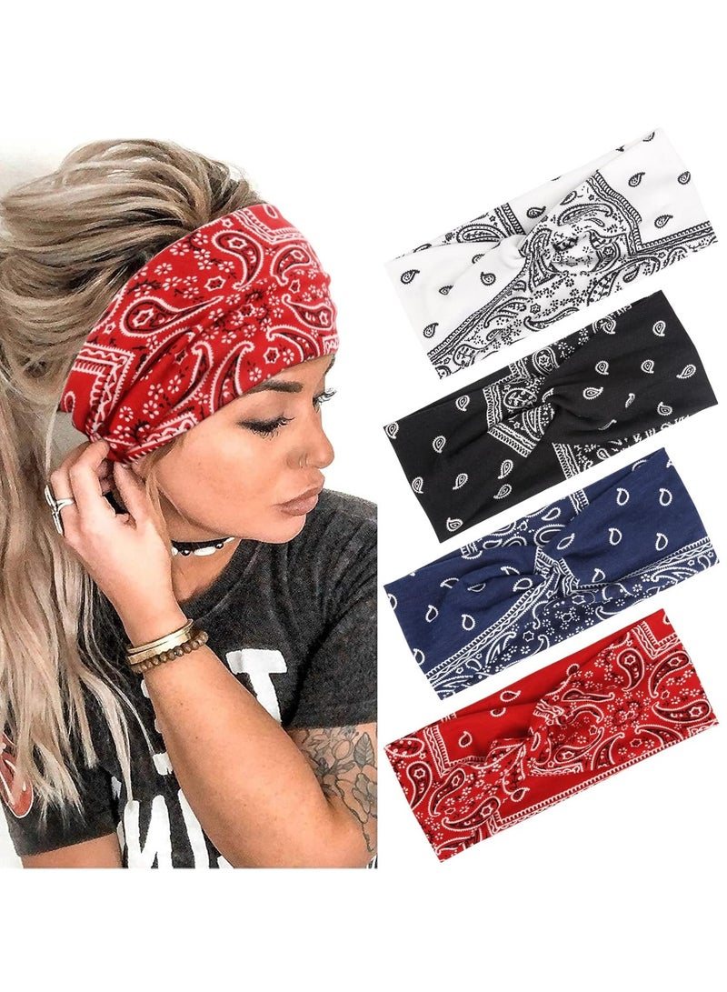 Goolsky Headbands for Women Knotted Headband Elastic Head Bands Women's Hair Band Non-Slip Turban Printed Stylish Sport Sweat Hair Wrap for Girls Cute Hair Accessories 4PCS - Image 1