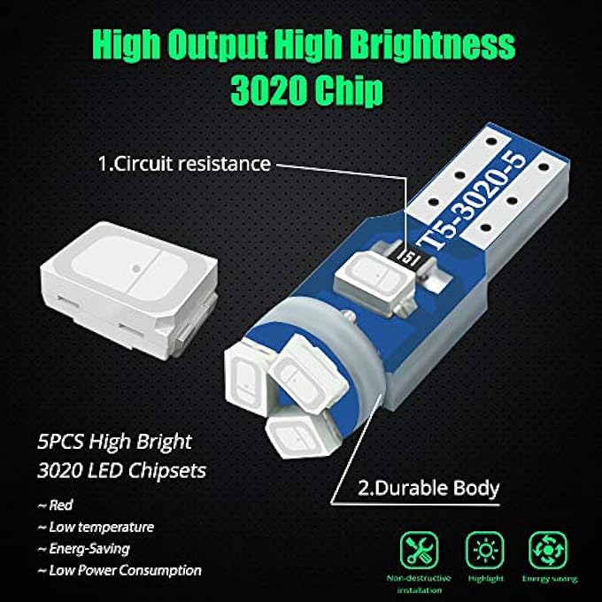 YEERON Yeoro 30Pcs Red T5 17 18 27 37 58 70 73 74 79 85 86 2721 Led Bulbs 5X3030 Chips Led Lamp For MapDashboardInstrument PanelDomeGauge LightsGreen Red - Image 4