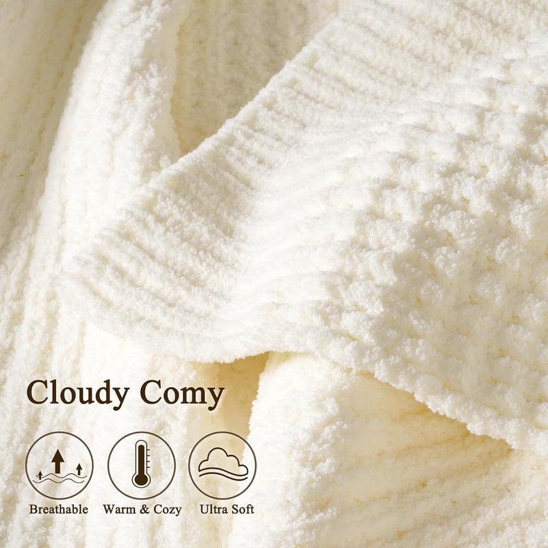 PHF Chenille Waffle Knit Throw Blanket- Plush Warm & Cozy 50" x 60" Ultra Soft Blanket- Chunky Fluffy Waffle Throws for Couch Bed Sofa - Cream - Image 4