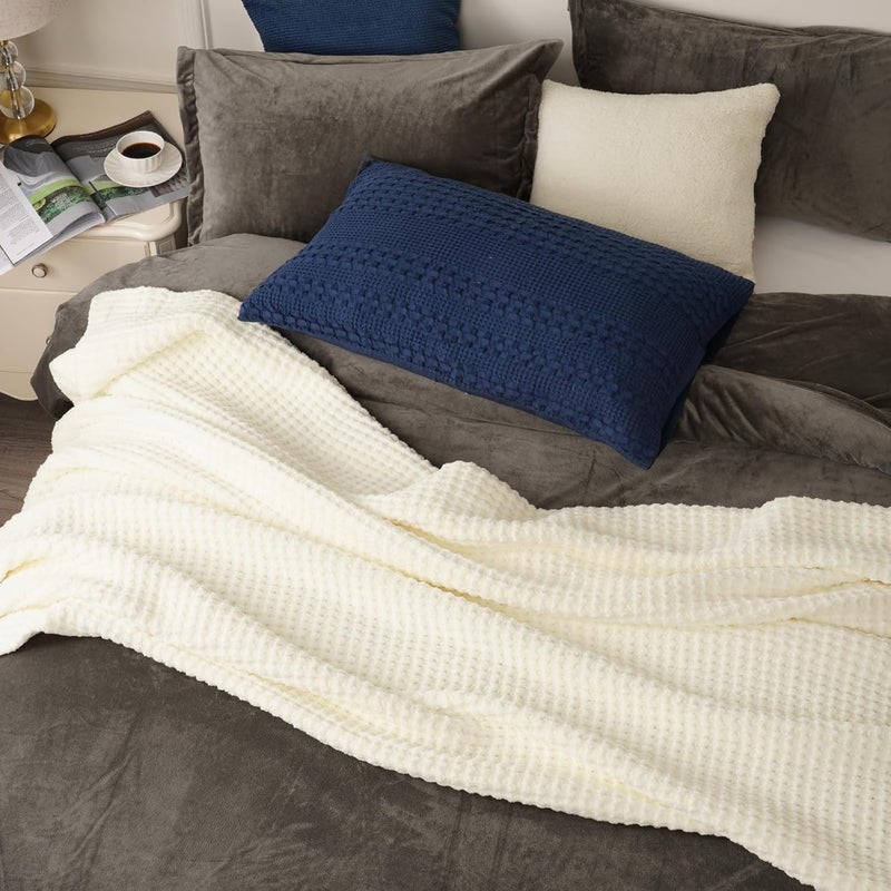 PHF Chenille Waffle Knit Throw Blanket- Plush Warm & Cozy 50" x 60" Ultra Soft Blanket- Chunky Fluffy Waffle Throws for Couch Bed Sofa - Cream - Image 3