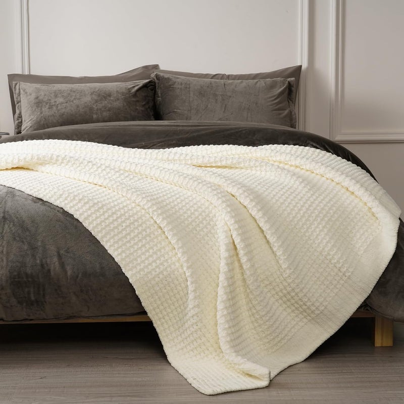 PHF Chenille Waffle Knit Throw Blanket- Plush Warm & Cozy 50" x 60" Ultra Soft Blanket- Chunky Fluffy Waffle Throws for Couch Bed Sofa - Cream - Image 5