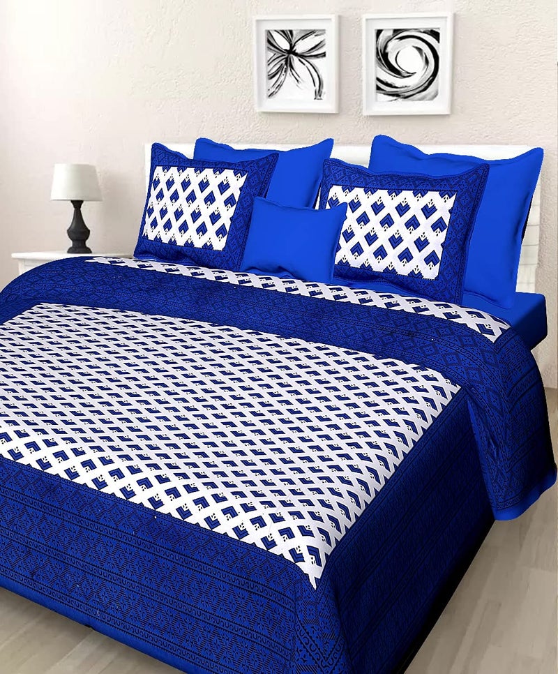 Meejoya 100 Cotton Rajasthani Jaipuri Traditional King Size Double Bed Bedsheet with 2 Pillow Covers Blue Jaipuri Bedsheet04 - Image 1