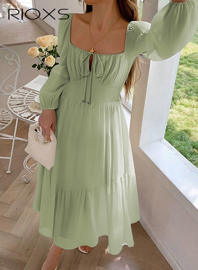 ريوكس فستان نسائي برقبة على شكل حرف U، أكمام منتفخة مع تنورة على شكل حرف A، بدون سحاب، تصميم منتجع كاجوال مع تفاصيل ربطة عنق، أجواء حديقة الشاطئ، أخضر - Image 2