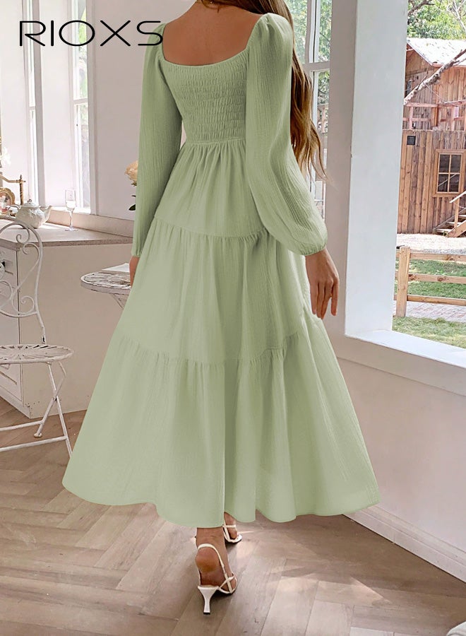 ريوكس فستان نسائي برقبة على شكل حرف U، أكمام منتفخة مع تنورة على شكل حرف A، بدون سحاب، تصميم منتجع كاجوال مع تفاصيل ربطة عنق، أجواء حديقة الشاطئ، أخضر - Image 3