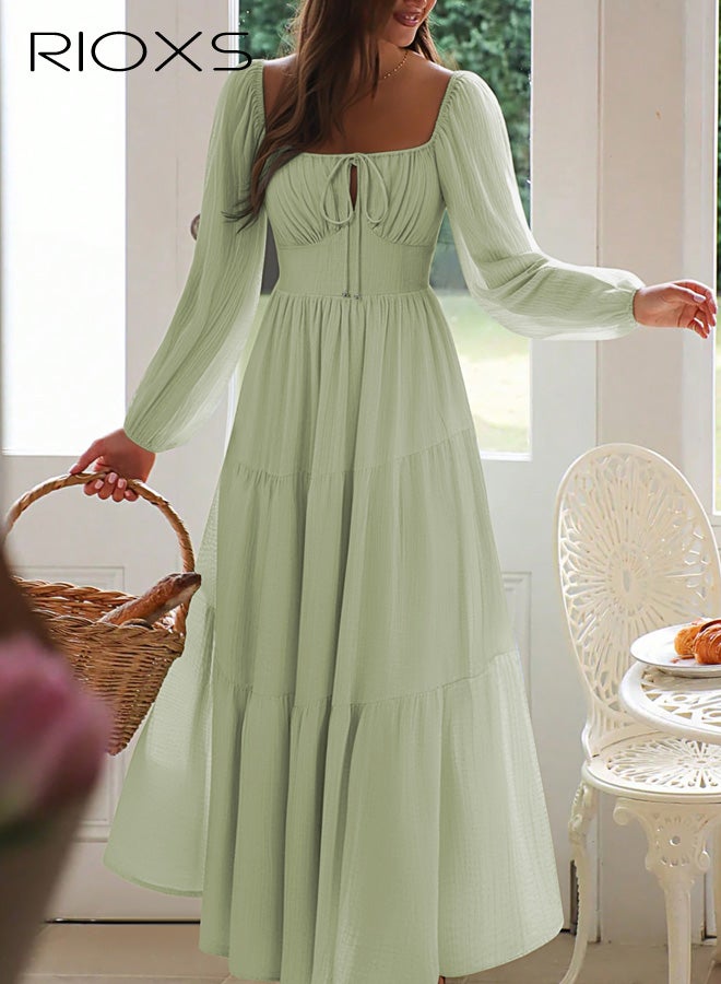ريوكس فستان نسائي برقبة على شكل حرف U، أكمام منتفخة مع تنورة على شكل حرف A، بدون سحاب، تصميم منتجع كاجوال مع تفاصيل ربطة عنق، أجواء حديقة الشاطئ، أخضر - Image 1