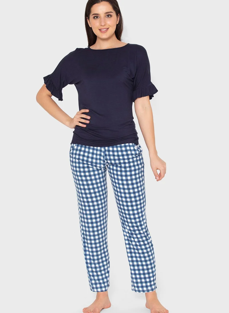 Clovia Flared Sleeve Top & Checked Pyjama Set