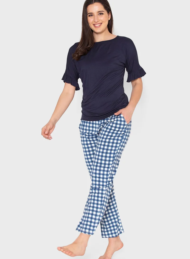 Clovia Flared Sleeve Top & Checked Pyjama Set