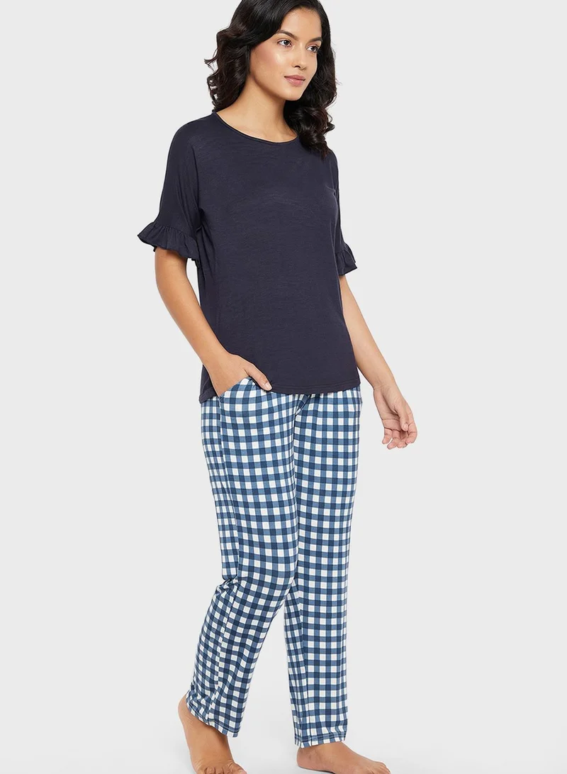 Clovia Flared Sleeve Top & Checked Pyjama Set