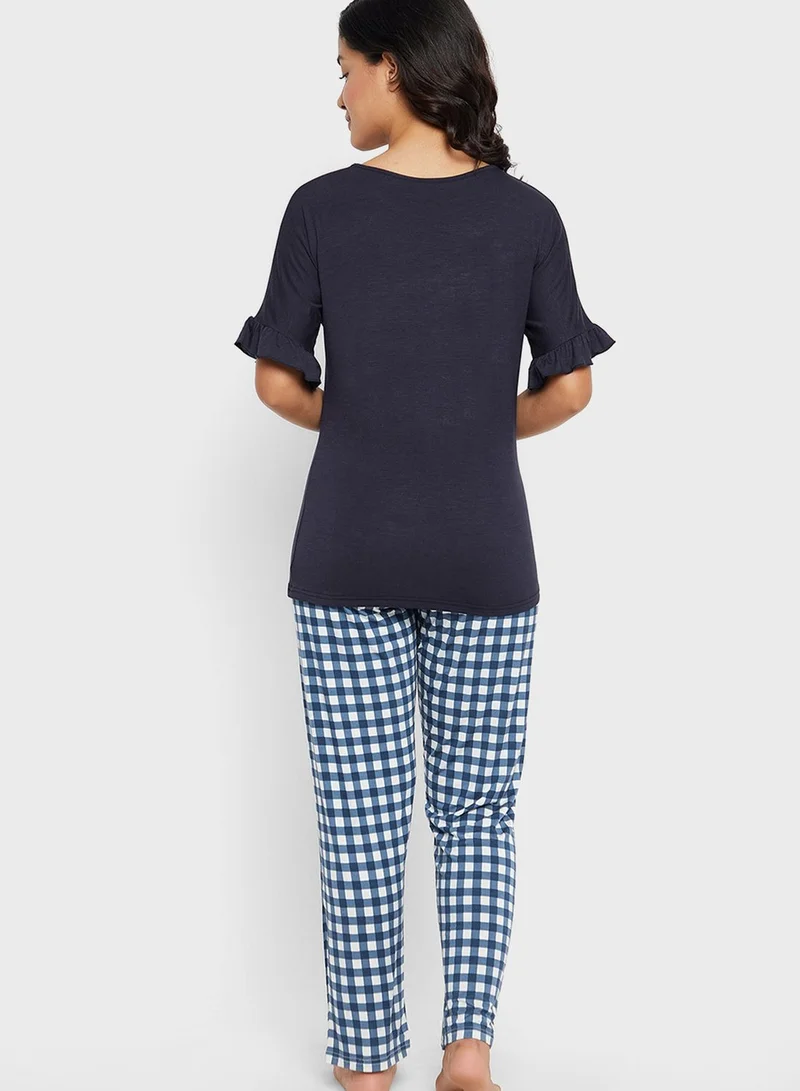 Clovia Flared Sleeve Top & Checked Pyjama Set