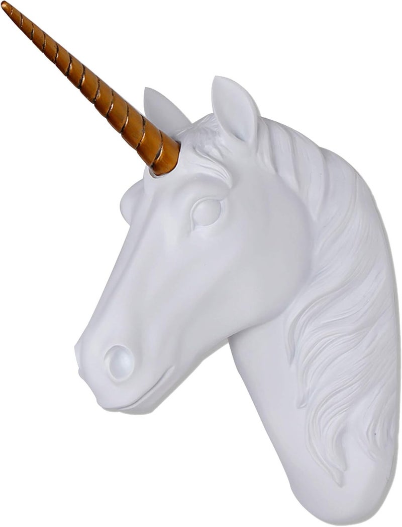 Keygift Unicorn Head Wall Mount White Unicorn Head Sculpture With Gold Horn Faux Resin Animal Head Wall Decor Ready To Hang - 10x5x13 Inches - Image 1