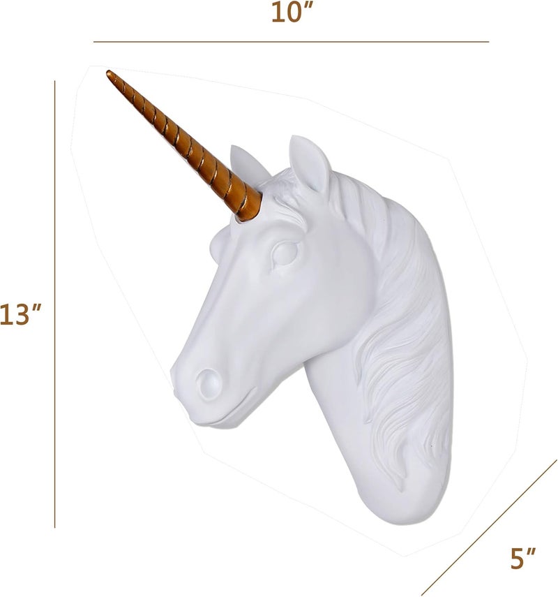 Keygift Unicorn Head Wall Mount White Unicorn Head Sculpture With Gold Horn Faux Resin Animal Head Wall Decor Ready To Hang - 10x5x13 Inches - Image 3