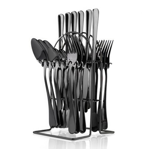 Caliamary Flatware Set Rack,24 Piece Gilded Silverware Set with stand,Hanging Stainless Steel Utensils Set Service for 6,Eating Tableware Set Include Fork Knife Spoon Holder Set,Dishwasher Safe (Black)… - Image 1