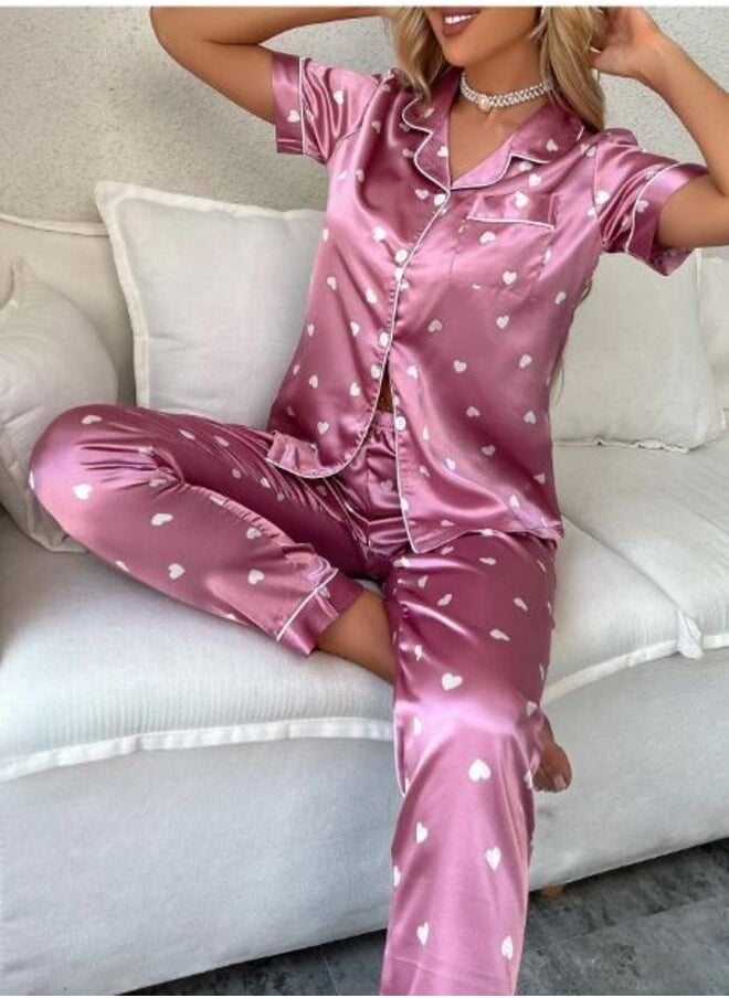 Shein - Heart Print Contrast Piping Satin Blouse & Pants PJ Set - Image 1