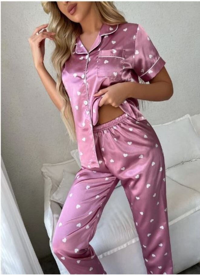 Shein - Heart Print Contrast Piping Satin Blouse & Pants PJ Set - Image 1