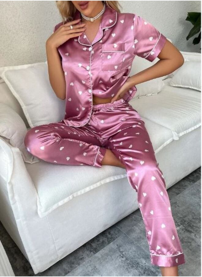 Shein - Heart Print Contrast Piping Satin Blouse & Pants PJ Set - Image 1