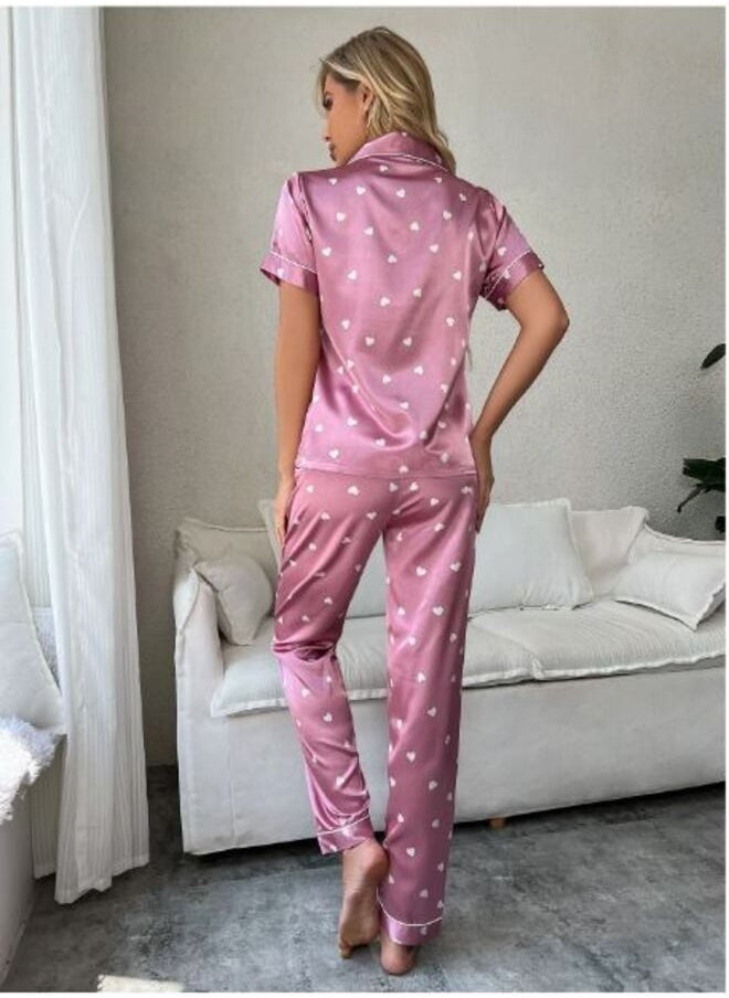 Shein - Heart Print Contrast Piping Satin Blouse & Pants PJ Set - Image 1