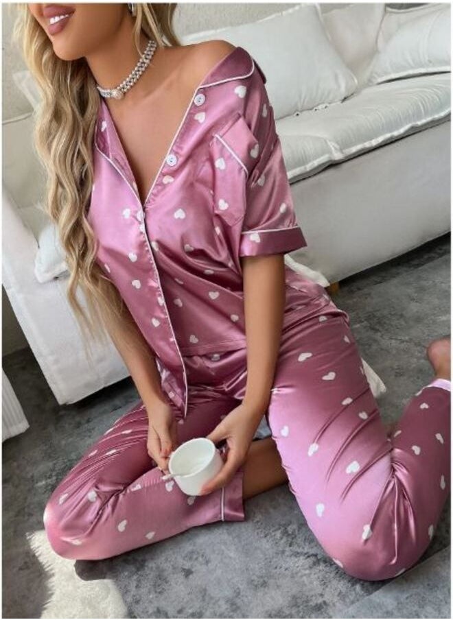 Shein - Heart Print Contrast Piping Satin Blouse & Pants PJ Set - Image 1