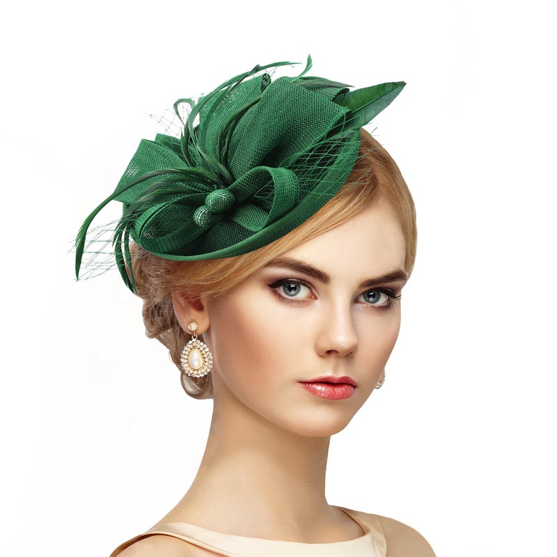 Zinniday Tea Party Derby Hat for Women - Fascinator with Detachable Headband (7.87 â€œx5.9â€ / Head Circumference 21.5â€œ-23.5â€) - Lightweight Feather & Polyester Green - Image 1