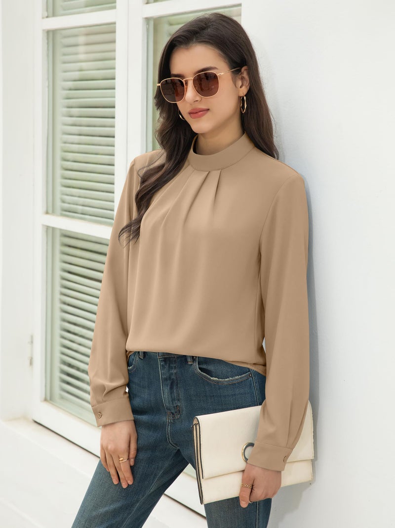 Funlingo Long Sleeve Shirts for Women Dressy Casual Fall Tunic Work Tops Mock Neck Chiffon Blouses Lightweight Office Formal Clothing Khaki M - Image 4