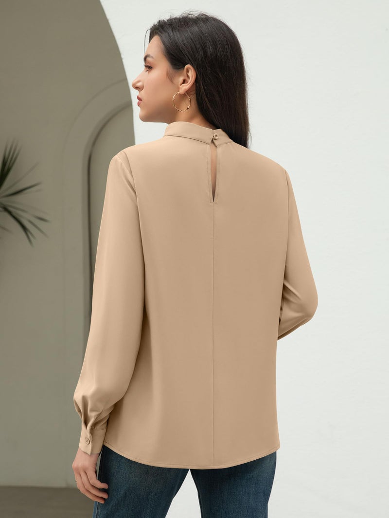 Funlingo Long Sleeve Shirts for Women Dressy Casual Fall Tunic Work Tops Mock Neck Chiffon Blouses Lightweight Office Formal Clothing Khaki M - Image 5