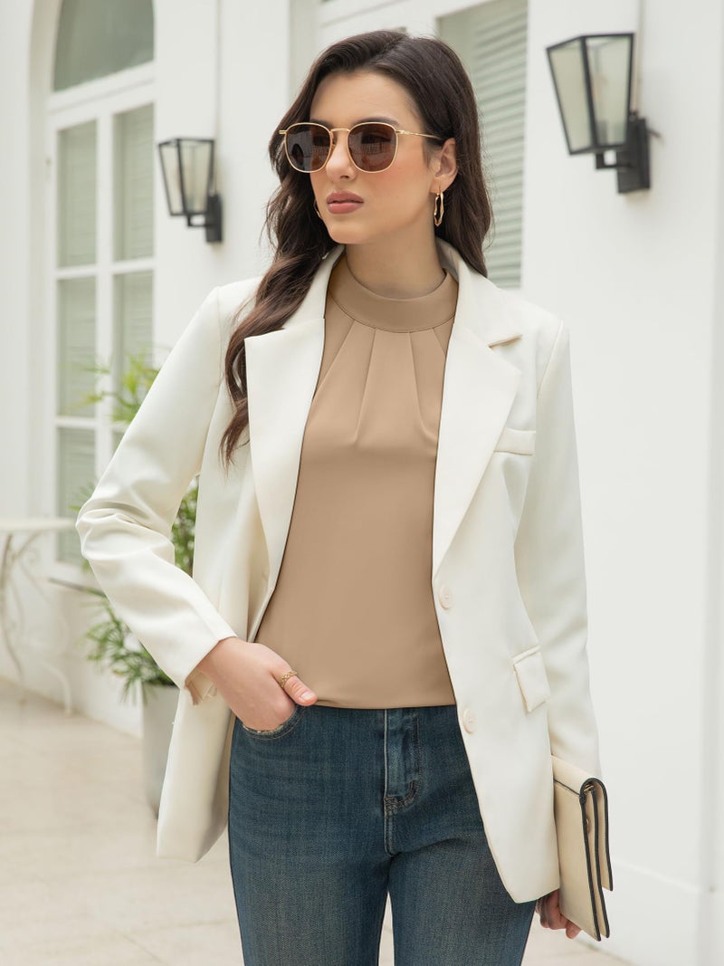 Funlingo Long Sleeve Shirts for Women Dressy Casual Fall Tunic Work Tops Mock Neck Chiffon Blouses Lightweight Office Formal Clothing Khaki M - Image 3