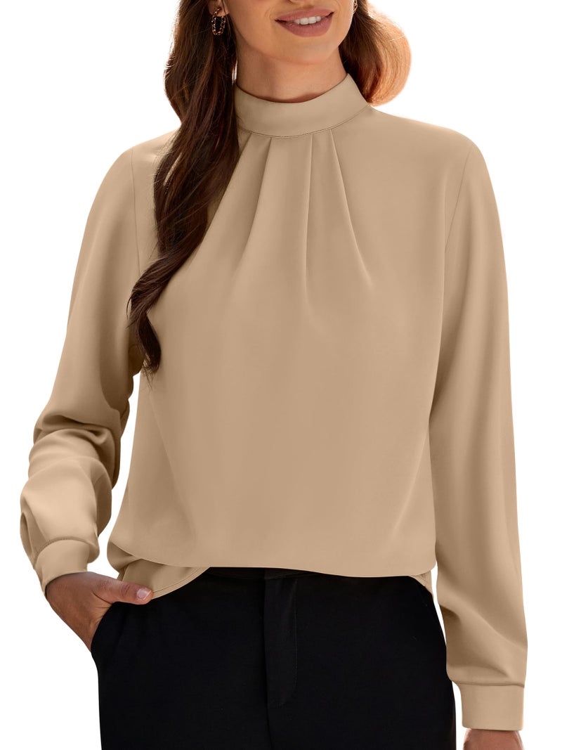Funlingo Long Sleeve Shirts for Women Dressy Casual Fall Tunic Work Tops Mock Neck Chiffon Blouses Lightweight Office Formal Clothing Khaki M - Image 1