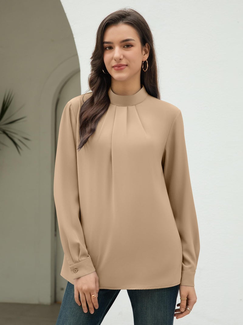 Funlingo Long Sleeve Shirts for Women Dressy Casual Fall Tunic Work Tops Mock Neck Chiffon Blouses Lightweight Office Formal Clothing Khaki M - Image 2