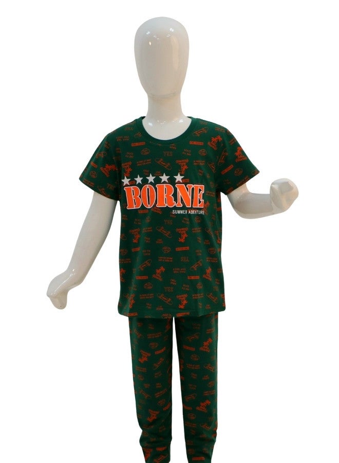 JOANNA JOANNA Boy's Borne Print Short Sleeve Shirt & Long Pants Pajama Set, Dark Green - Image 1