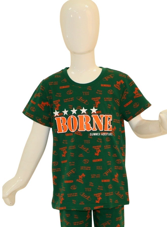 JOANNA JOANNA Boy's Borne Print Short Sleeve Shirt & Long Pants Pajama Set, Dark Green - Image 2