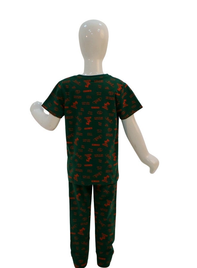 JOANNA JOANNA Boy's Borne Print Short Sleeve Shirt & Long Pants Pajama Set, Dark Green - Image 5