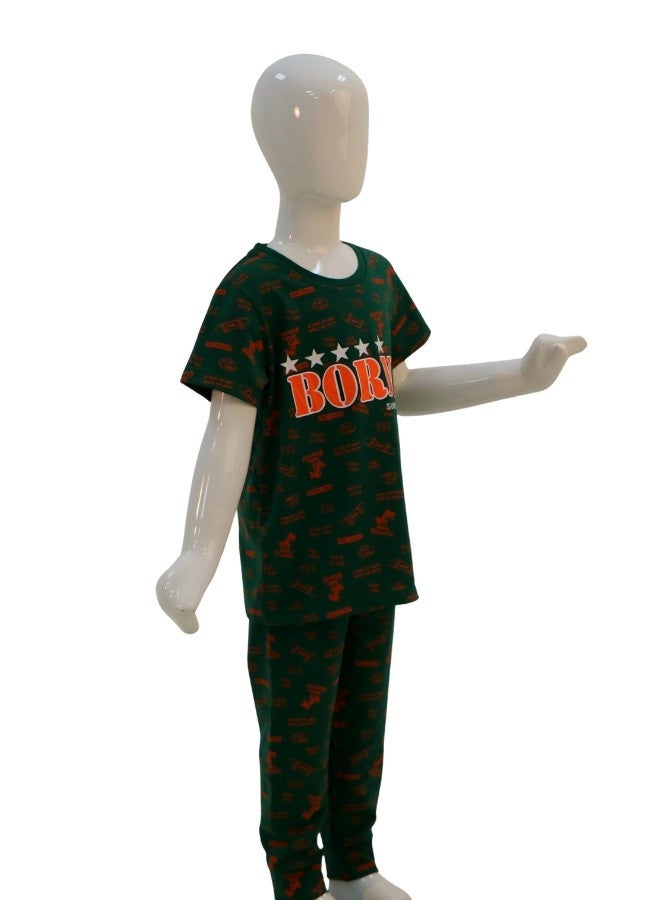 JOANNA JOANNA Boy's Borne Print Short Sleeve Shirt & Long Pants Pajama Set, Dark Green - Image 4