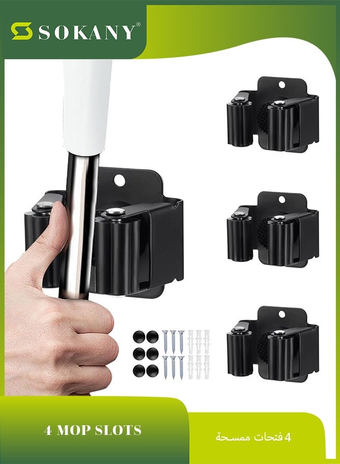 sokany 4 Pieces Broom and Mop Holder, Heavy Duty Garden Tool Organizer Rack Rake and Shovel Handle, Stainless Steel Mop Hanger, Wall Mounted Utility Rack with Screws, Matte Black - Image 1
