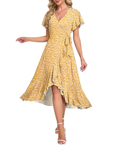 AUSELILY Women Summer Midi Dresses Wrap Short Flutter Sleeve V Neck Boho Slit Flowy Ruffle Dress Wedding Guest Dresses Yellow Floral - Image 1