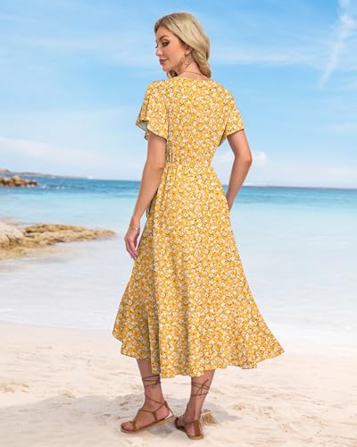 AUSELILY Women Summer Midi Dresses Wrap Short Flutter Sleeve V Neck Boho Slit Flowy Ruffle Dress Wedding Guest Dresses Yellow Floral - Image 5