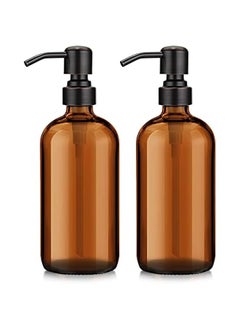 2-Pack Amber Soap Dispenser - 17 Oz Bottle for Liquid Lotion, Bathroom and Kitchen - Bronze Stainless Steel Pump