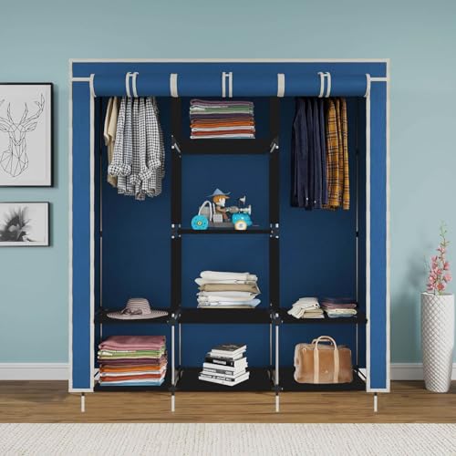 GTC Collapsible Wardrobe Portable Foldable Closet for Clothes Almira, 2 Hanging Space, 8 Shelves Non-Woven Fabric 90 GSM (88330) (Blue) - Image 2