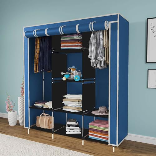GTC Collapsible Wardrobe Portable Foldable Closet for Clothes Almira, 2 Hanging Space, 8 Shelves Non-Woven Fabric 90 GSM (88330) (Blue) - Image 1