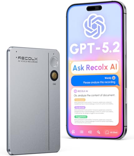 RECOLX AI Voice Recorder Transcriber with GPT52 Analysis 30Hour Recording 112Language SpeechtoText Auto Summary for Meetings Lectures InterviewsGrey