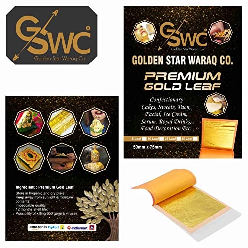 GSWC 24k Pure Edible Gold Vark Golden Leaf 50MMx50MM Gold Foils 100 Sheets for Cake Sweets ayurvedic Medicine face Treatment Anti Aging spa(100 Sheets) - Image 2